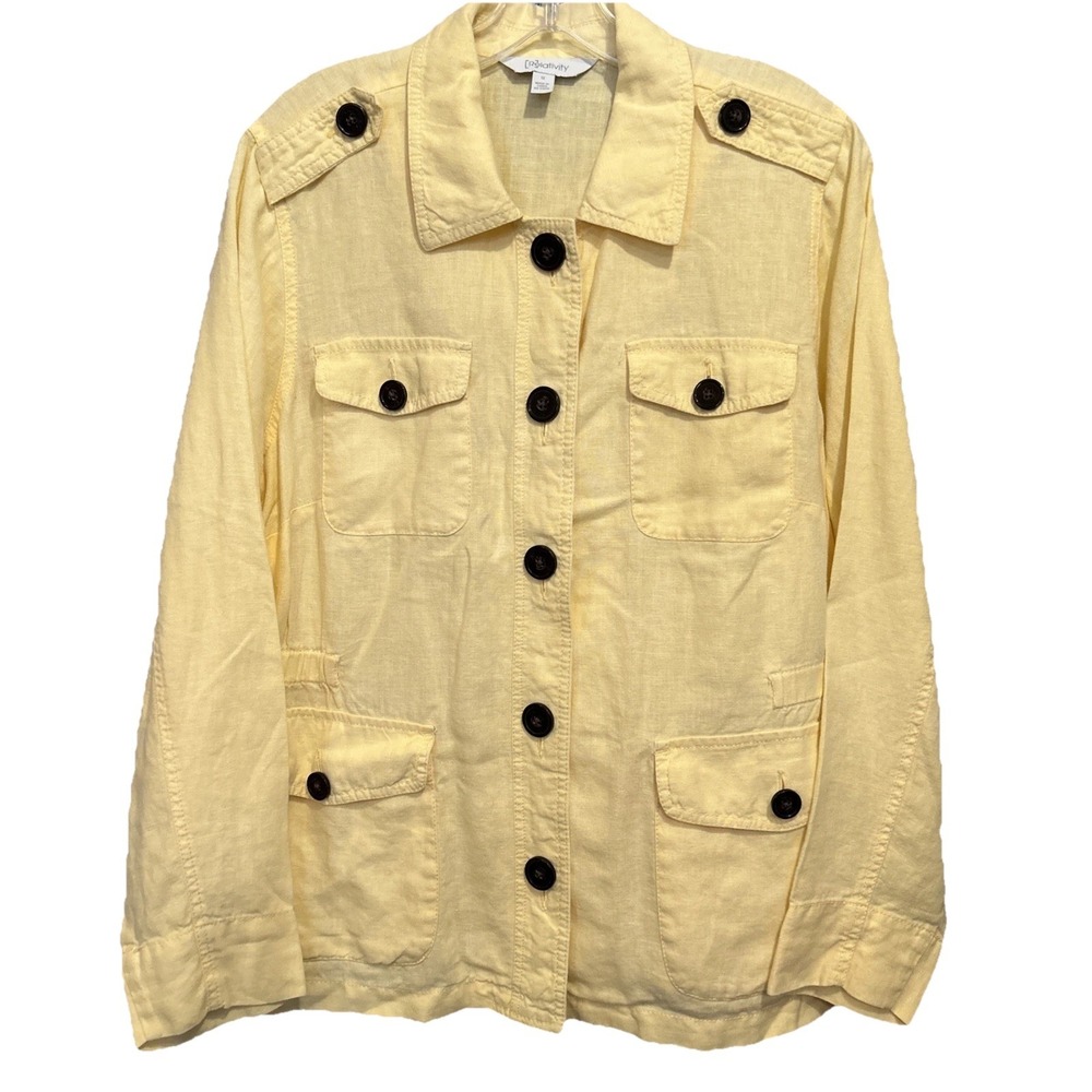 Relativity Womens 100% Linen Button Up Lightweight Jacket Yellow Plus Size 1XL